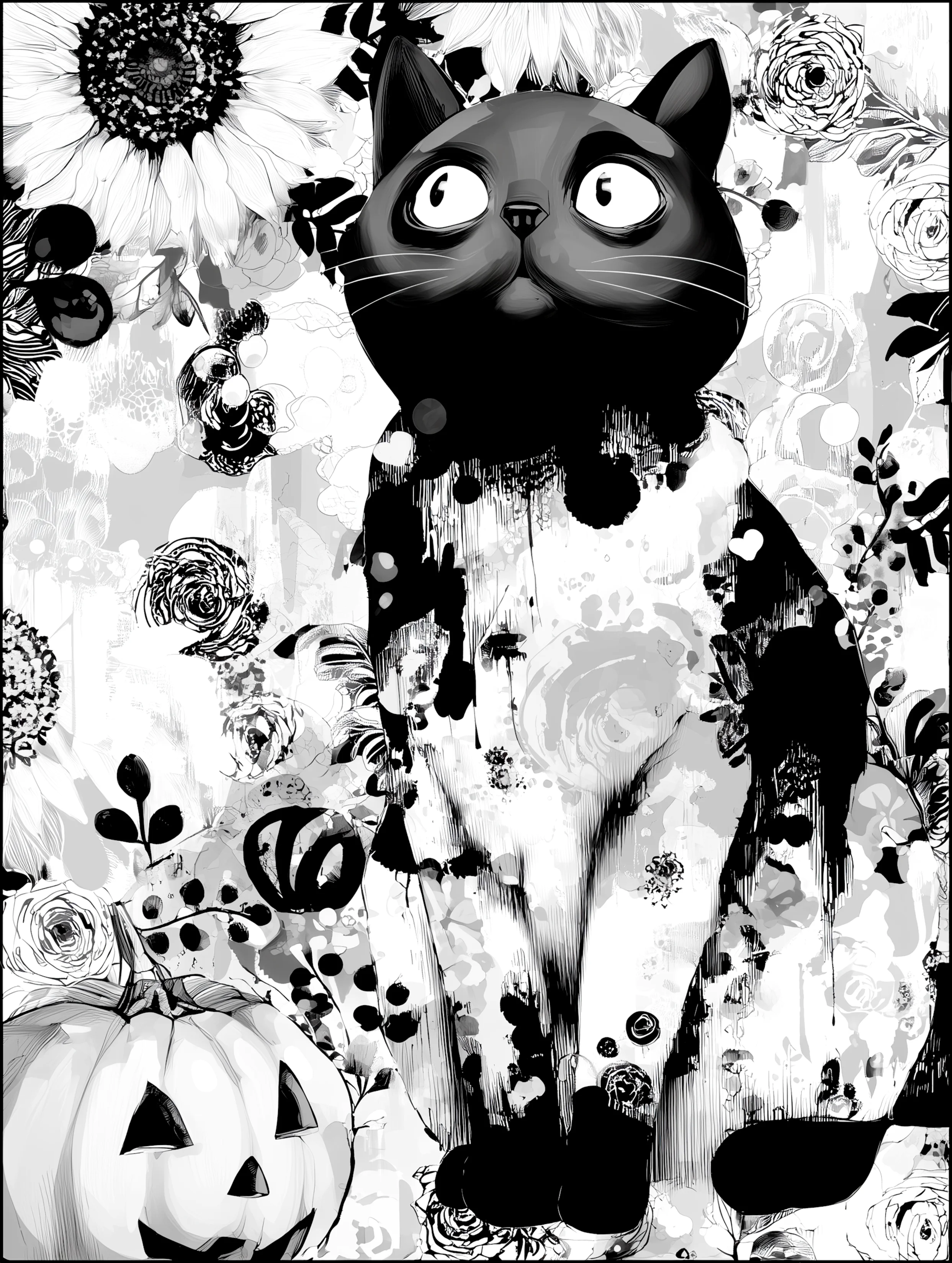 Free printable black cat coloring page for adults featuring halloween black cat with jack o lantern